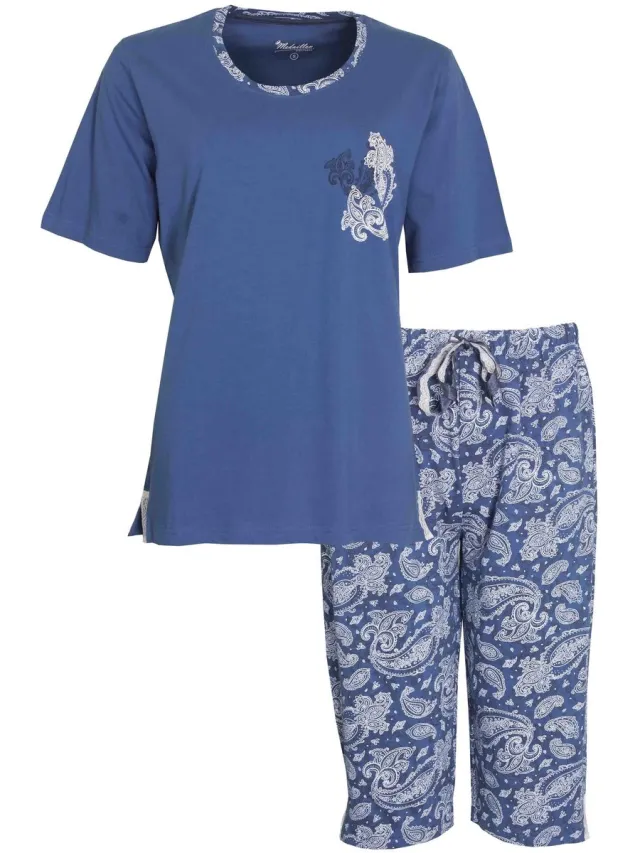 Medaillon Dames Pyjama - Korte Mouwen - 100% Katoen - Blauw
