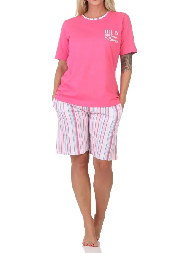 Normann dames shorty pyjama met korte mouwen in elegante strepenlook – ook in grote maten pink