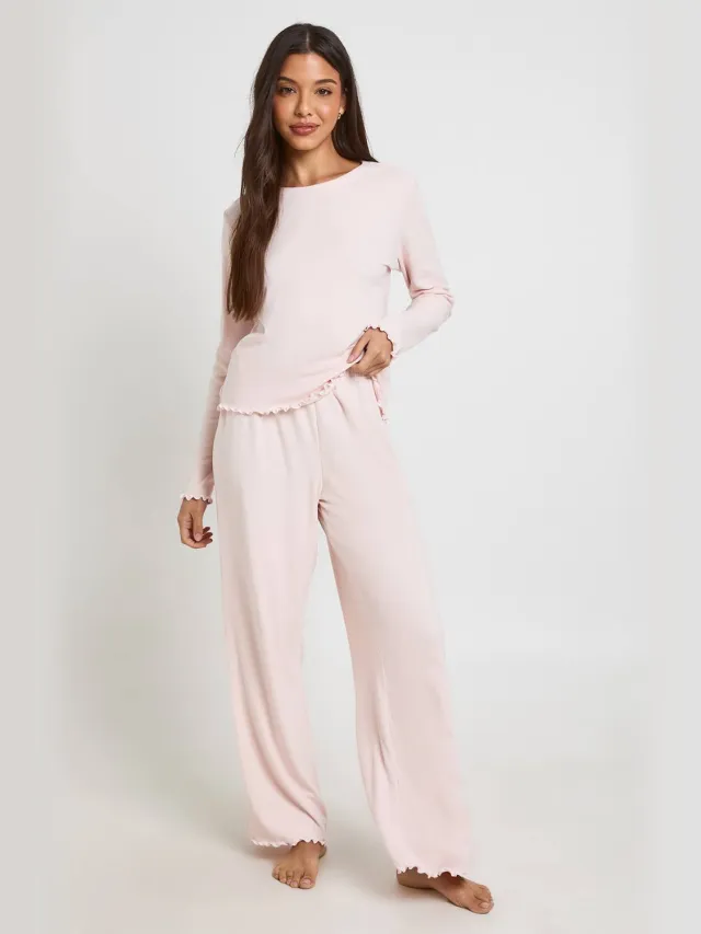 boohoo Dames Pyjama Set Met Geribbelde Top Met Lange Mouwen En Broek Met Slaboordjes Baby Roze