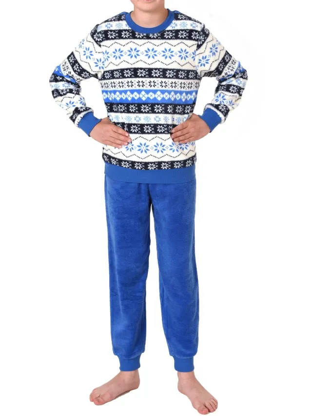 Normann Unisex-kinderpyjama met lange mouwen en manchetten in Noorse look in koraalfleece blau