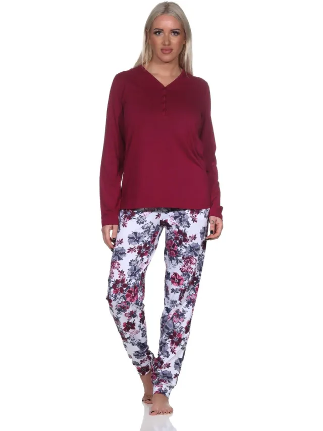 Normann Dames Pyjama met lange mouwen in bloemmotief - ook in overmaten beere