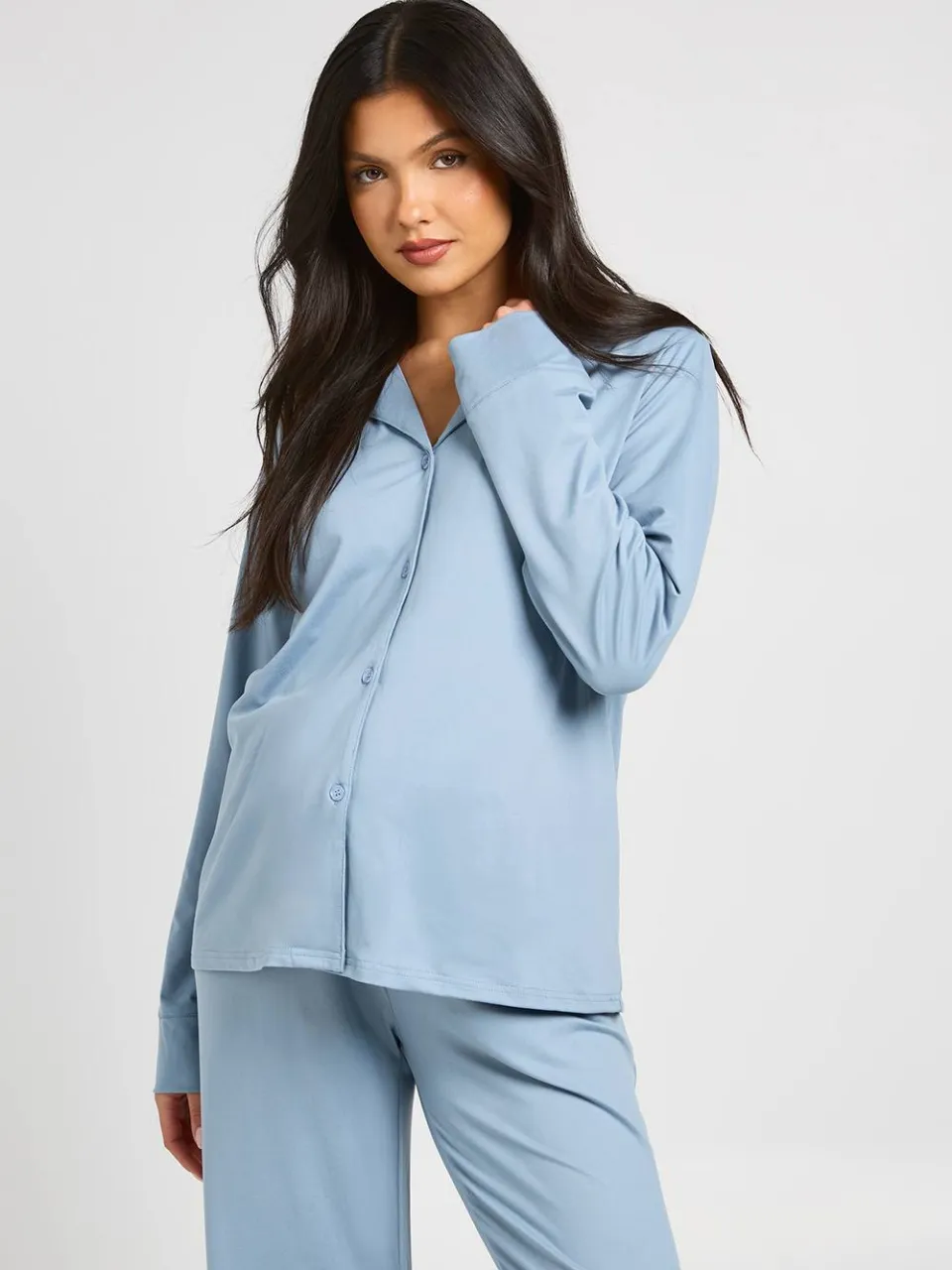 boohoo Dames Zwangerschaps Pyjama Set Met Zacht Aanvoelend Doorknoop Shirt En Broek lichtblauw, foto 4
