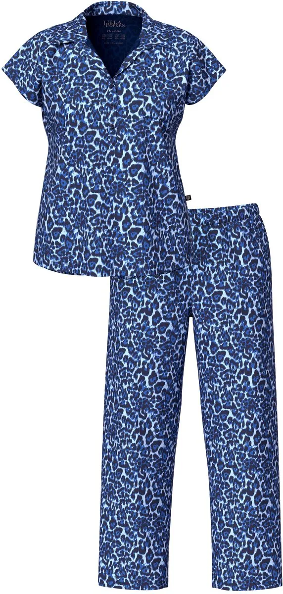 Ulla Popken Dames - Pyjama luipaardpatroon overhemdkraag korte mouwen - Nachtblauw - Maat 62+