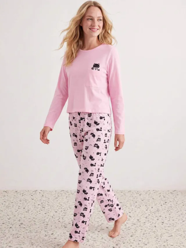 Trendyol TRENDYOLMİLLA Dames 2-pack Animal print Lang, Regular fit Pyjama- Sets Roze