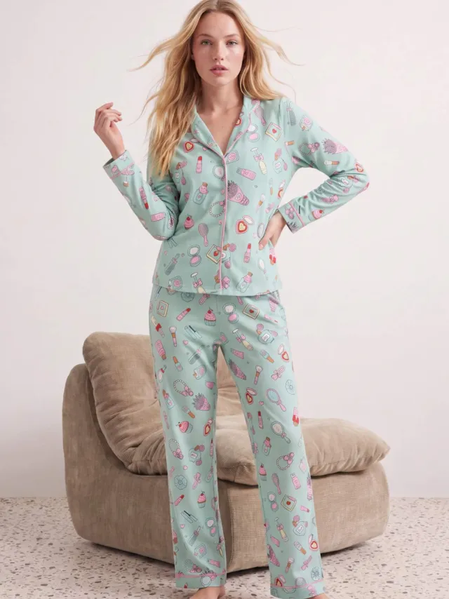 Trendyol TRENDYOLMİLLA Dames 2-pack Turquoise Met grafische print Lang Loungewear Regular fit Pyjama- Sets