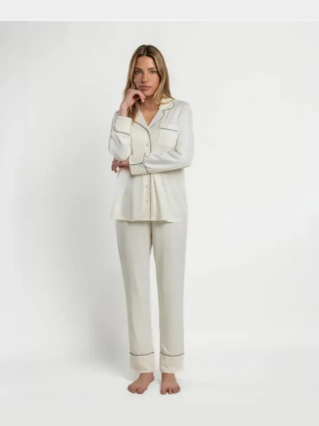 Admas Pearl Dames Pyjama Open Lange Mouw - Cava Beige