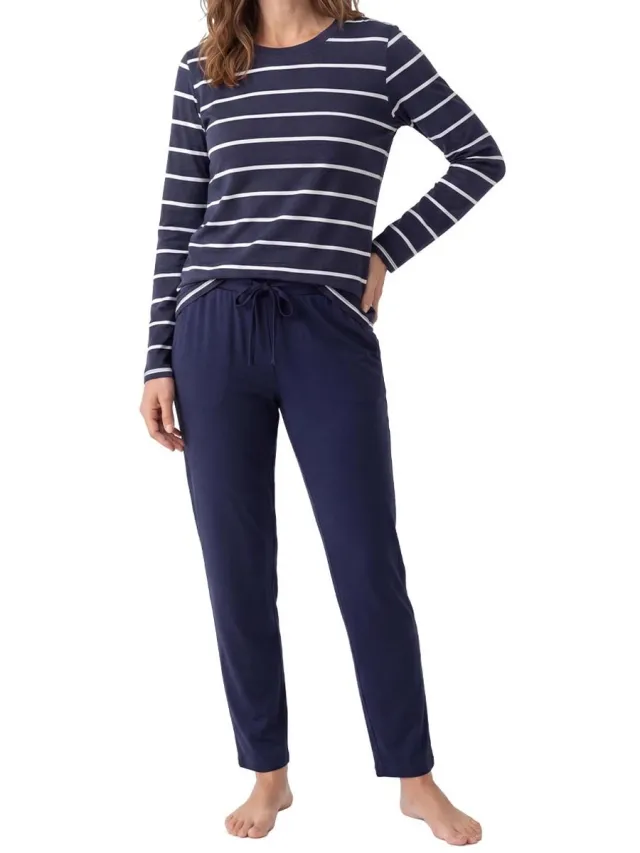 Schiesser Dames pyjama Mix & Relax donkerblauw / crème