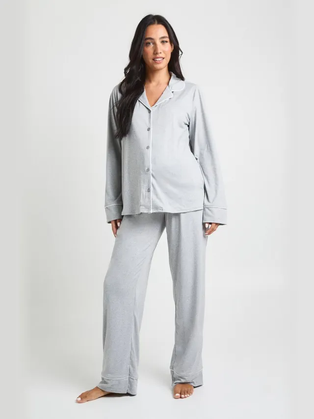 boohoo Dames Zwangerschaps pyjamaset met pijpdetail: lange mouwshirt & broek Grijze Mergel