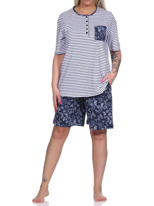 Normann Dames pyjama shorty met korte mouwen, gestreepte top, korte broek met bloemenpatroon weiss