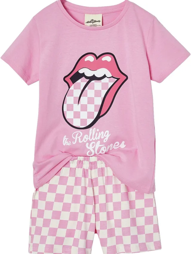 vertbaudet Kinder Sommer-Schlafanzug THE ROLLING STONES roze, geruit