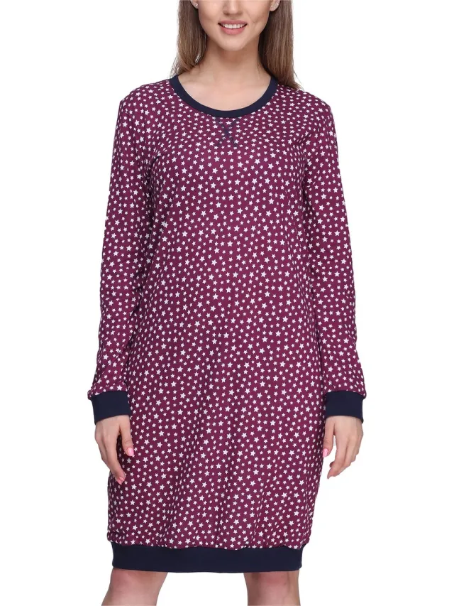 Merry Style Dames Nachtemd - Nachtjapon - Lange mouwen - Katoen - MS-MS10-180-ND - Wijnrood/Sterren