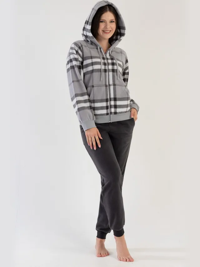 Vienetta Fleece Dames Pyjama Set, Lange Mouwen Grijs