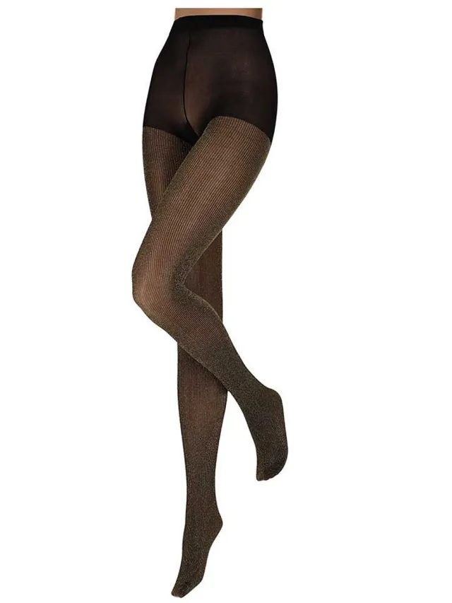 morethansocks Dames Panty - Lurex ribdessin - 40 denier - Maat S t/m XXL - Semi transparant - Satijnglans panty Zwart/Goud