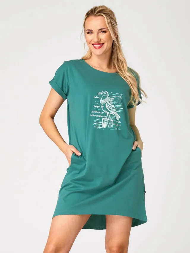 Key Katoenen Dames Nachthemd Korte Mouw Zomer Print Petrol LND 741 38 / Turquoise