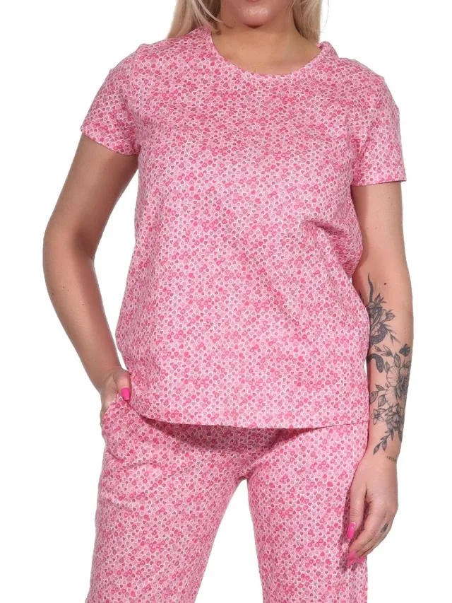 Normann Damespyjamashirt korte mouwen pyjamatop mix & match in hartvormige stippenlook - 122 904 rosa