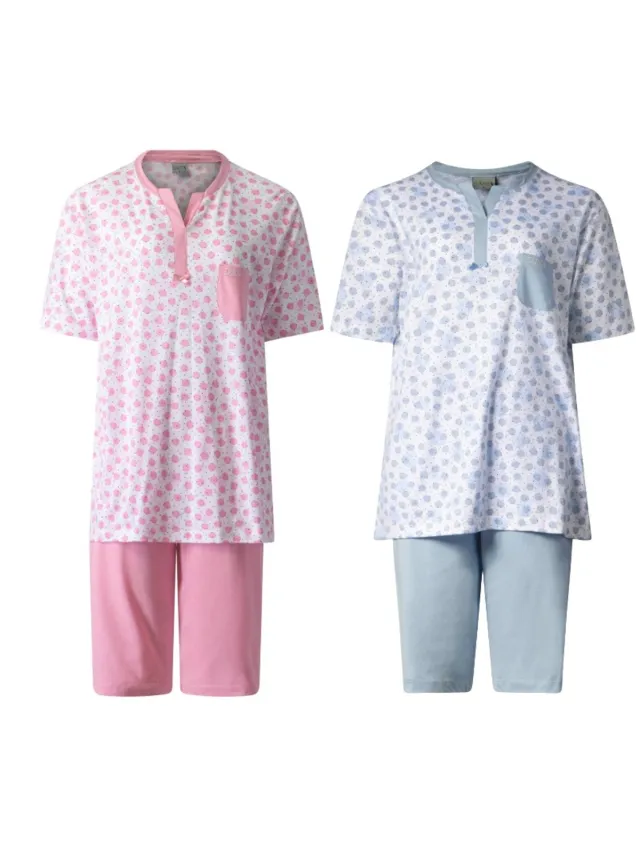 Lunatex 2 dames shortama's 124243 - zomer pyjama's - 100% katoen - roze en blauw