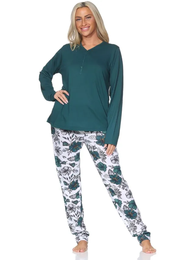 Normann Dames Pyjama met lange mouwen in bloemmotief - ook in overmaten grün