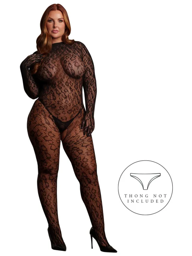 Le Désir by Shots Roxy - Leopard Open Knit Cat Suit - Queen Size - Black