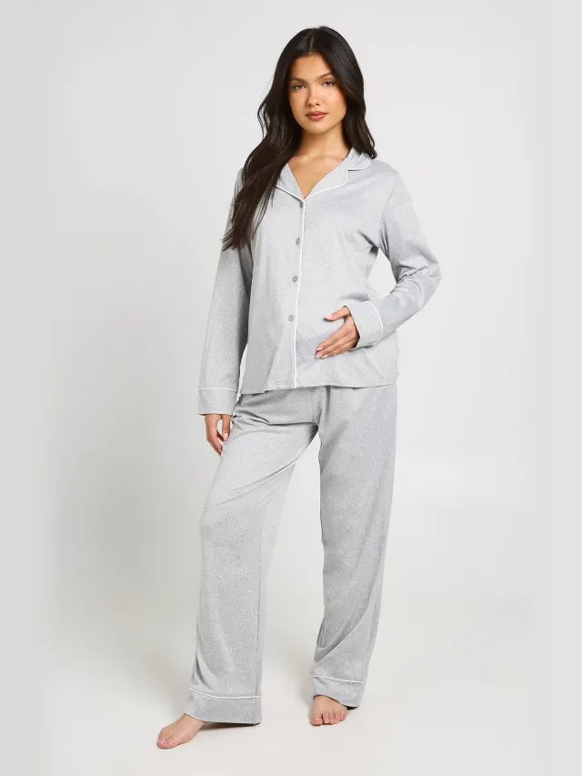boohoo Dames Zwangerschapspyjama Met Pijpdetail, Shirt Met Lange Mouwen En Broek Grijze Mergel