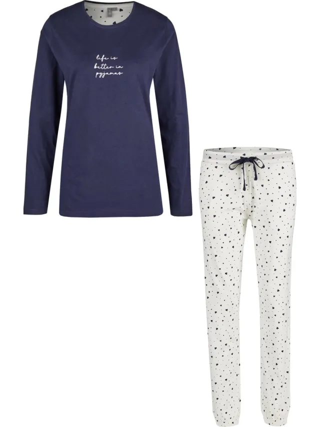 By Louise Dames Pyjama Set Lang Blauw Hartjes Print
