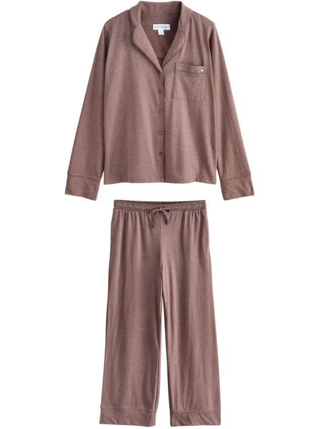 Next Dames - Pyjama met knopen en jerseystof - Bruin Mocha Brown