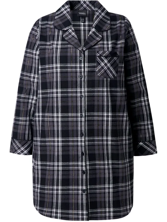 Ulla Popken Dames - Nachthemd flanel ruit reverskraag lange mouwen - Zwart - Maat 42+