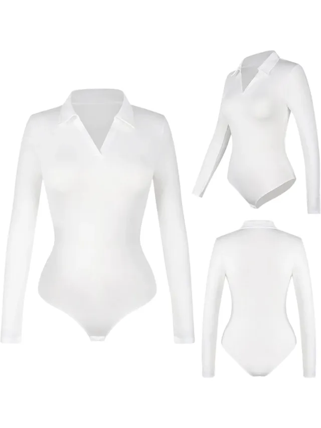 rimmo Dames Bodysuit met Revers en Lange Mouwen – Corrigerende Shapewear Body, Getailleerde Top, Casual Damesmode voor Herfst en Winter - Wit