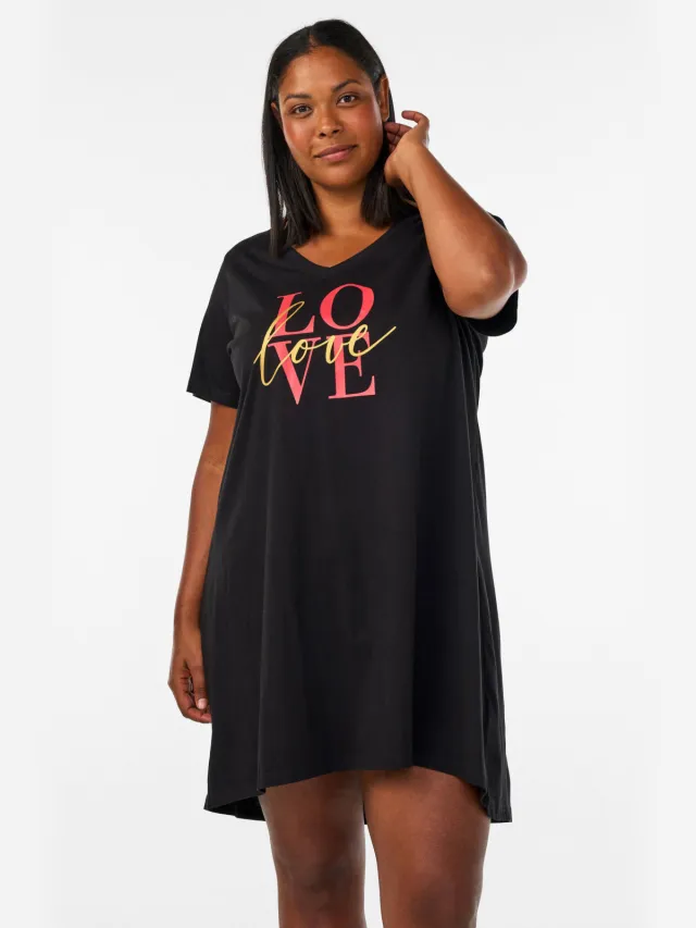 Zizzi nachthemd zwart met Love print Zwart/print Love