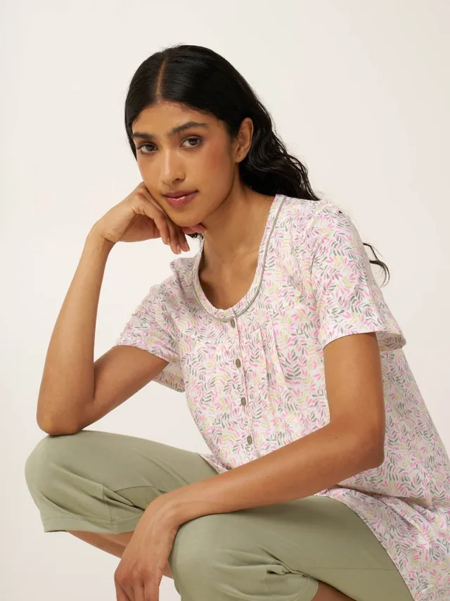 Vamp! Vamp Damespyjama – Zomerse pyjama met korte mouwen en capribroek – 100% katoen – Roze print / groen Roze/groen