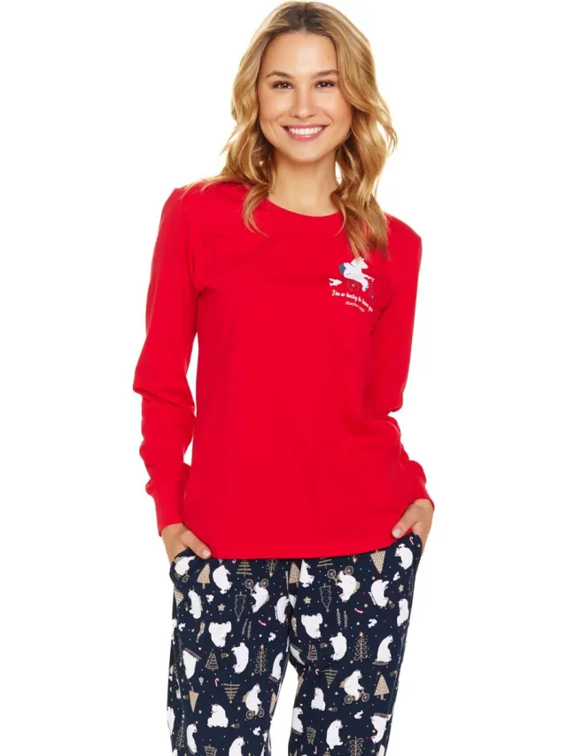 Doctor Nap Dames Pyjama Lange Mouw Lange Broek Winter Kerst Matching Gezin Familie Lucky Rood PM.5262 44 /