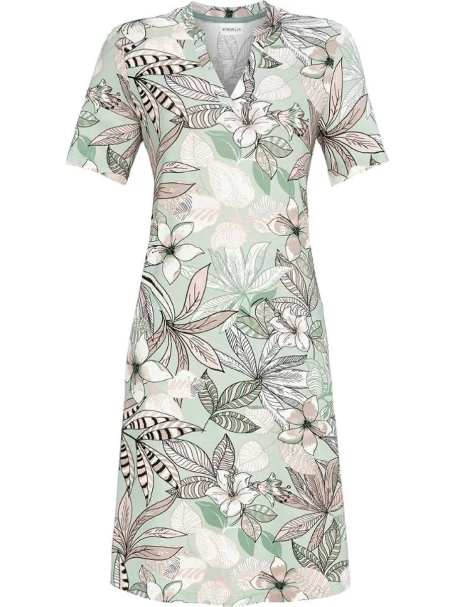 Ringella Nachthemd groene en roze bloemen - Groen - Maat - 36