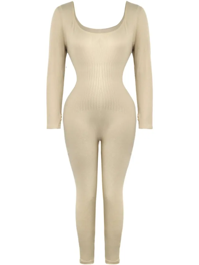 MEETYOO Dames Shapewear Full Body Bodysuit Corrigerend Shaper Compressiepak Naadloos Lange Mouwen- Beige-XXL Vleeskleur