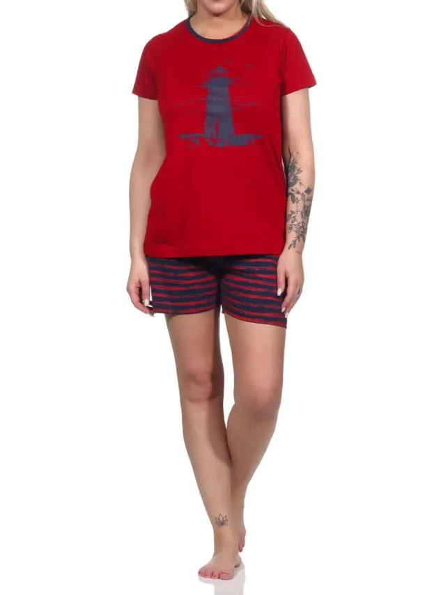 Normann Dames pyjama met korte mouwen en vuurtorenmotief - maritiem - 122 205 10 756 rot