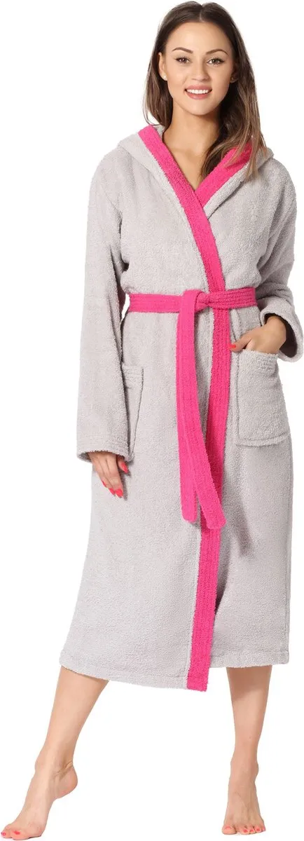 Ladeheid Dames met Capuchon - Wasmachine bestendig - 100% Katoen - Badstof - Grijs/Roze – XL - LA-LA40-191-DG