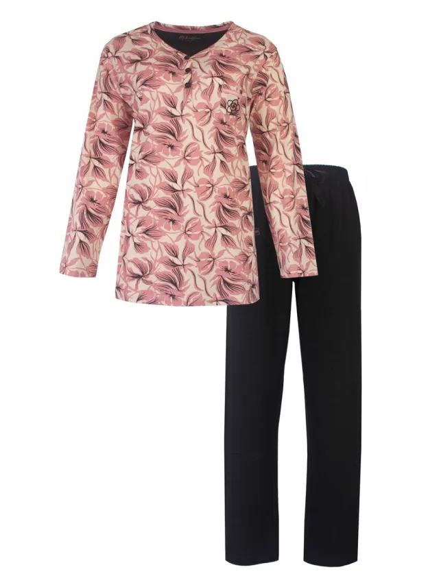 Medaillon Dames Pyjama - Lange Mouw - Bloemenprint - Roze