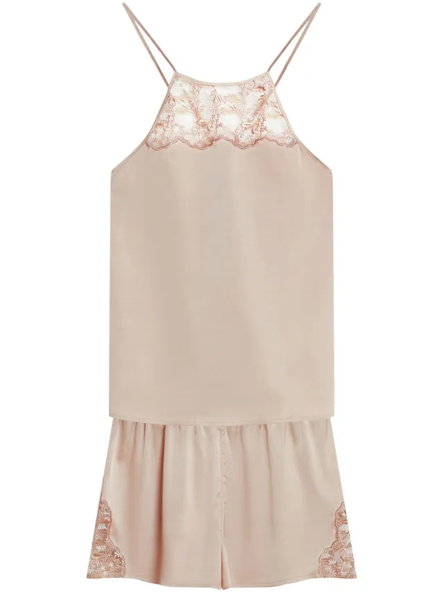 ESOTIQ Ivory - Damespyjama - Beige - Geborduurd mesh - Satijnen afwerking