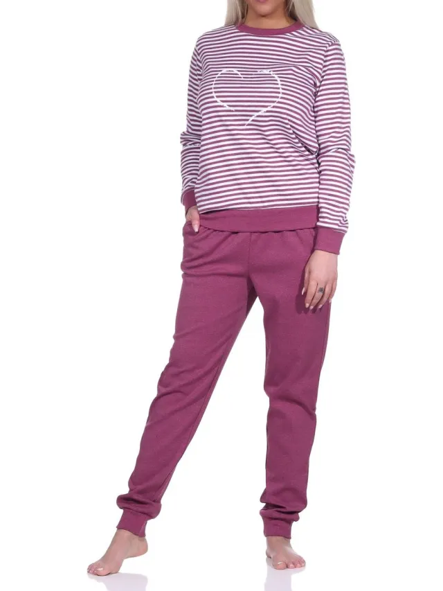 Normann dames badstof pyjama lange mouw met manchetten + hartjesmotief - ook in oversizes rot