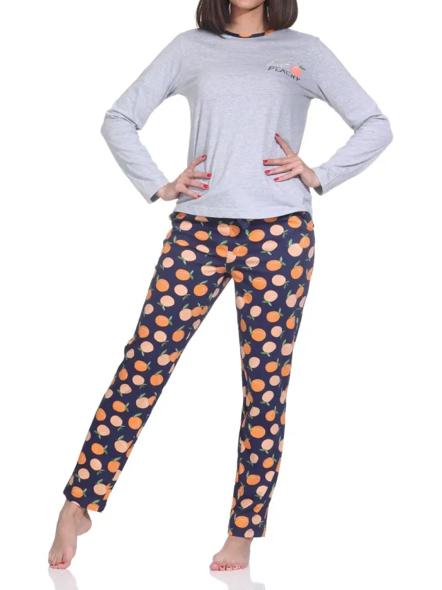 Normann damespyjama met lange mouwen – ‘Peachy’-ontwerp – zacht jerseycomfort grau-mel.