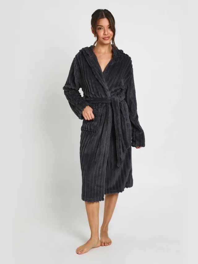 boohoo Dames Geribbelde Fleece Kamerjas Met Capuchon Houtskool