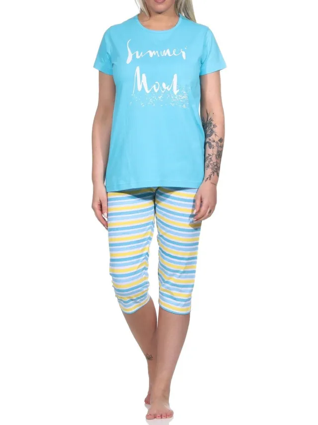 Normann Zomerse dames capri pyjama, pyjama met korte mouwen - gekrulde broek - 122 204 10 752 hellblau