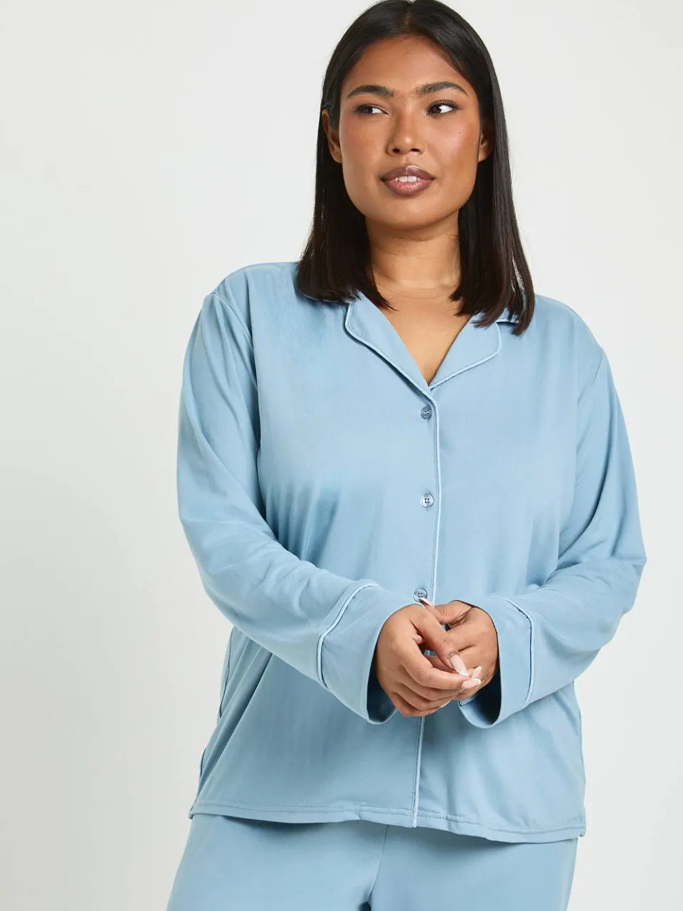 boohoo Dames Plus Jersey Pyjama Set Met Paspeldetail Lange Mouwen & Broek stoffig blauw, foto 3