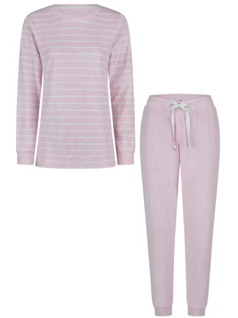 By Louise Dames winter pyjama set lang badstof gestreept roze, foto 2
