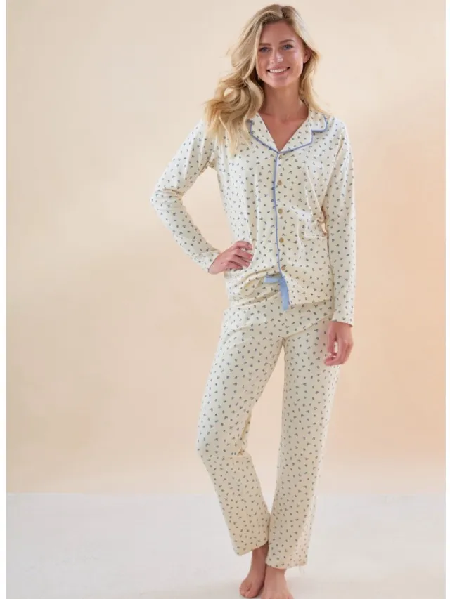 Little Label donna klassieke pyjama dames - roosjes blauw- extra zachte bio-katoen Off White