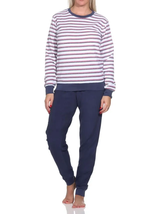Normann Dames Badstof pyjama met lange mouwen en manchetten - blokstreep-look - ook in overmaten navy
