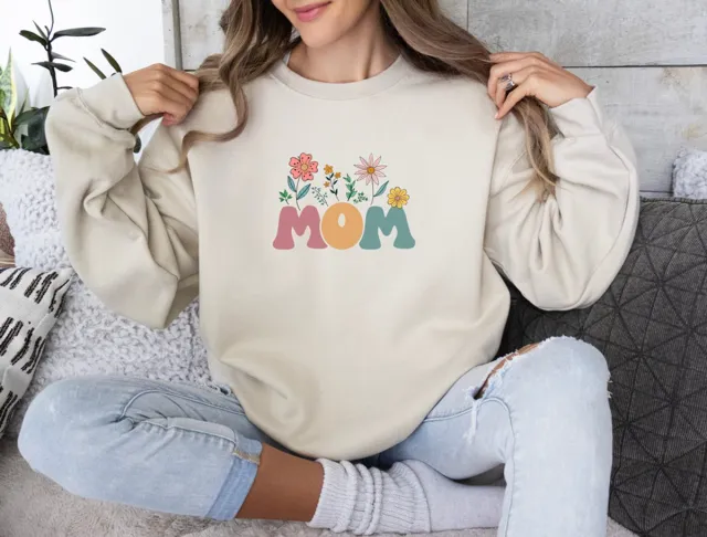 Gildan Beige Oversized Sweater voor Vrouwen - Mom Print met Bloemen - Large - Comfortabele Trui - Perfect Cadeau voor Moeders