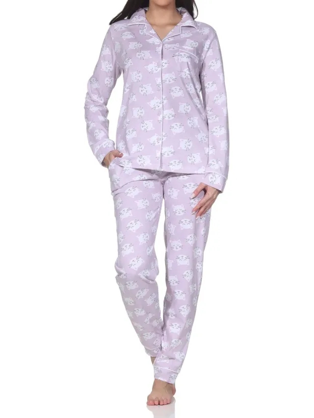 Normann dames jersey pyjama lange mouw knoopsluiting - ook in grote maten flieder