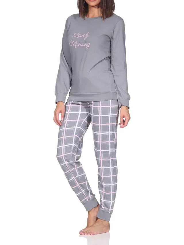 Normann damespyjama met lange mouwen en geruite jersey broek grau