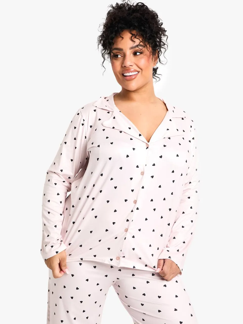 boohoo Dames Plus Pyjama Set met Hartenprint, Lange Mouwen & Broek roos, foto 2