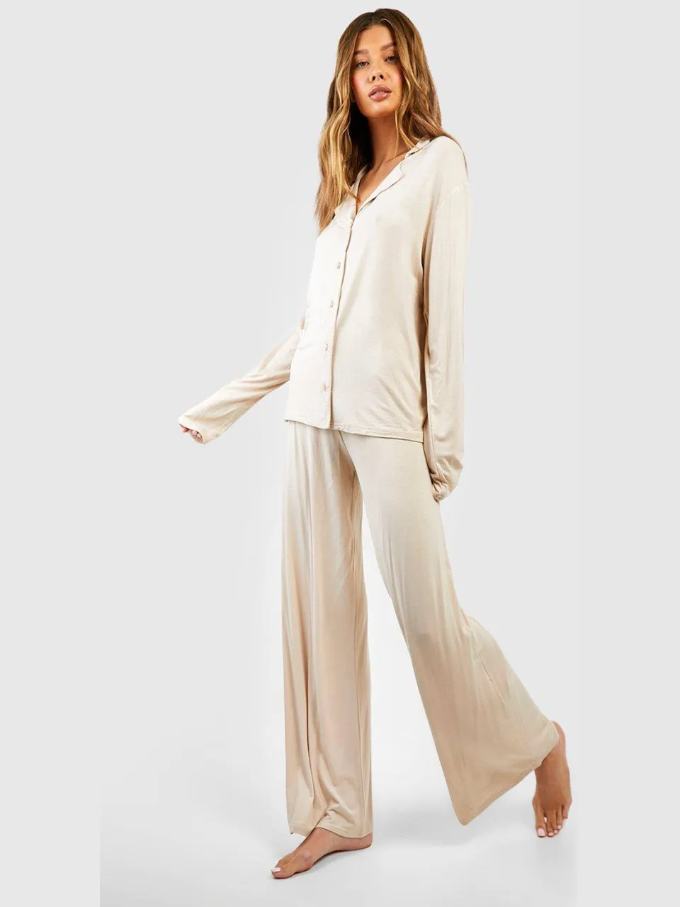 boohoo Dames Jersey Pyjama Broek met Wijd Uitlopende Pijpen Steen