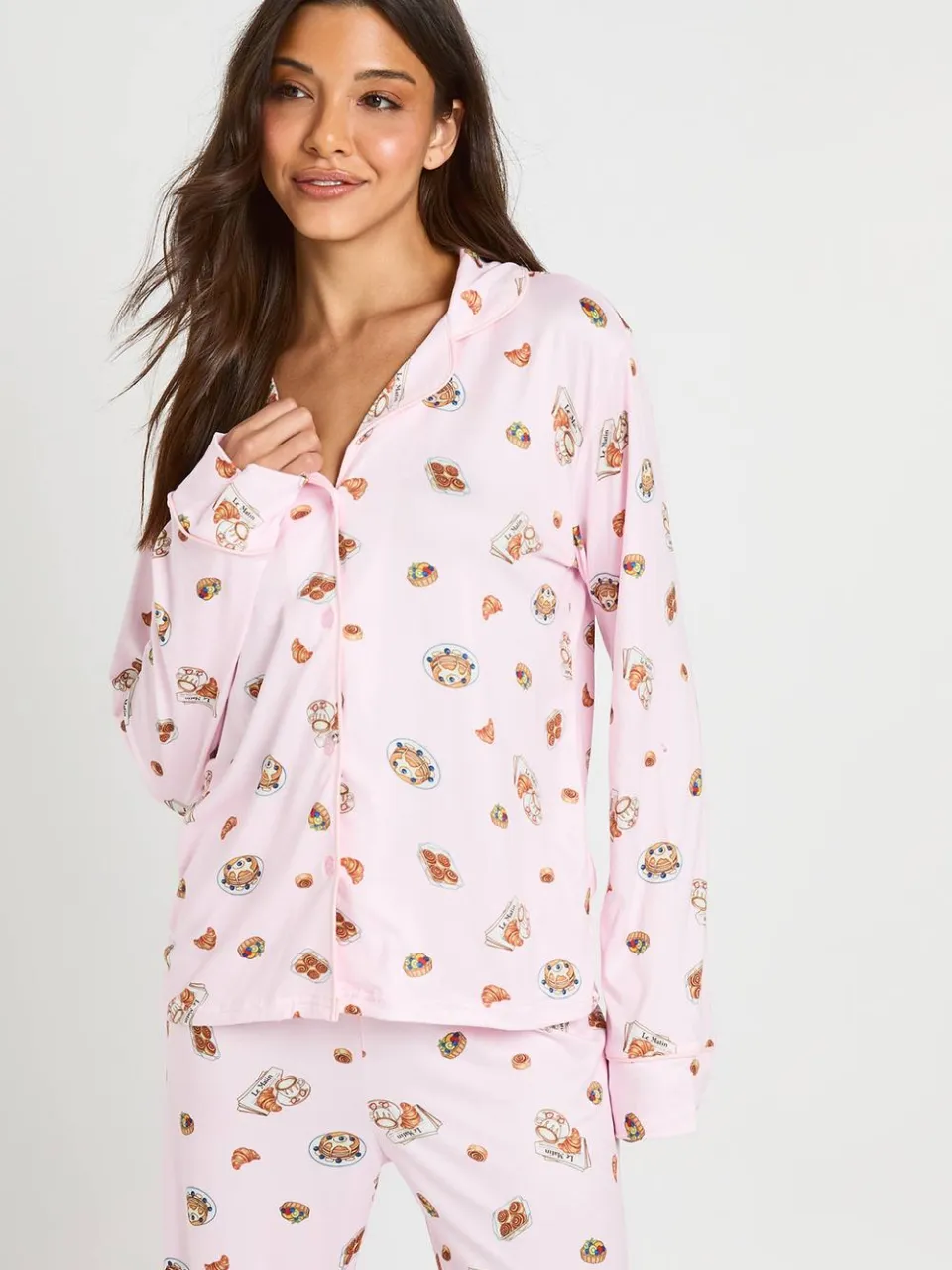 boohoo Dames Pyjama Set Met Ontbijtprint, Paspeldetail, Lange Mouwen En Broek baby roze, foto 4